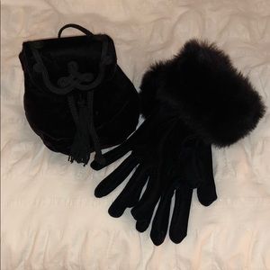 Dark maroon velvet bag + black gloves